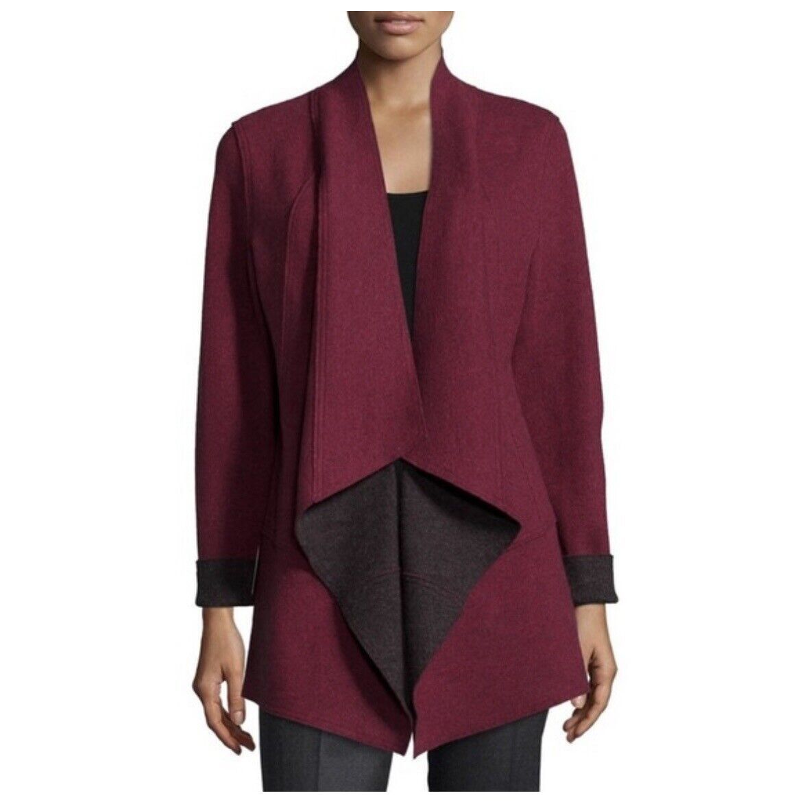 Eileen Fisher Merino Double Knit Kimono Jacket - Size S- Burgundy/Gray
